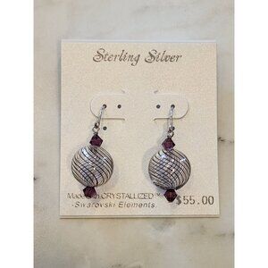Sterling Silver Dangle Earrings W/ Swarovski Elements Purple Beads Textured Ball